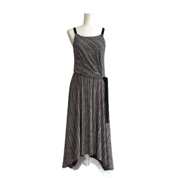 Maeve Anthropologie Dress Salsola Black Cream Striped Tie Waist Midi Dress Small - Picture 2 of 11